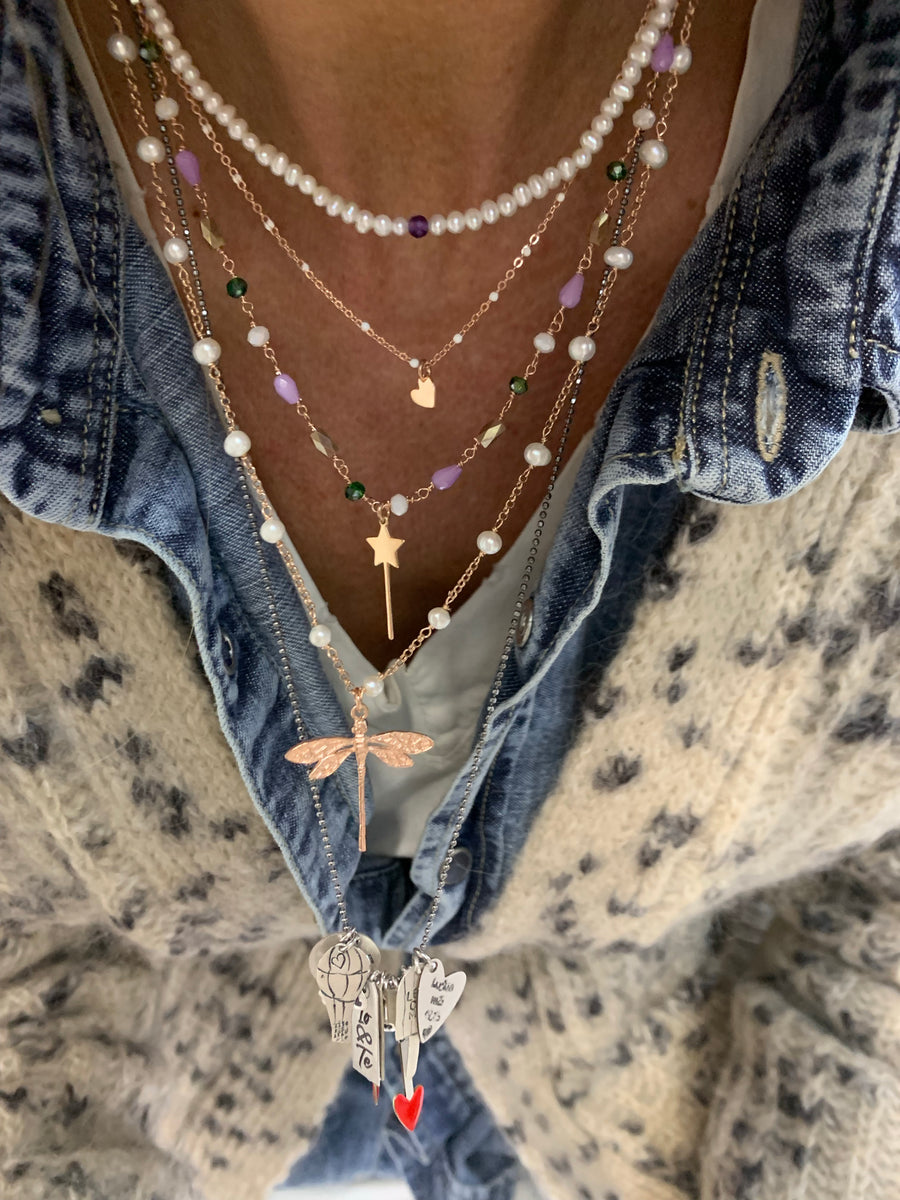 Collana catena rollò alternata da perle bianche cm50 con libellula pen – Lumiere  Bijoux