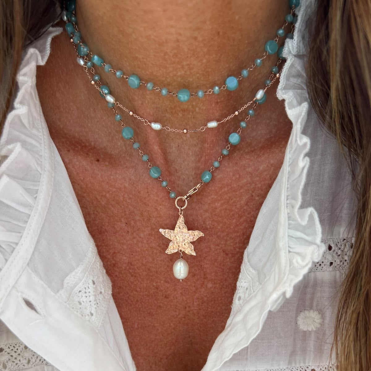 Collana lunga trasformabile cm 75 argento rosè cristalli ottanio stella marina satinata o battuta e perla ovale irregolare bianca naturale - Lumiere Bijoux
