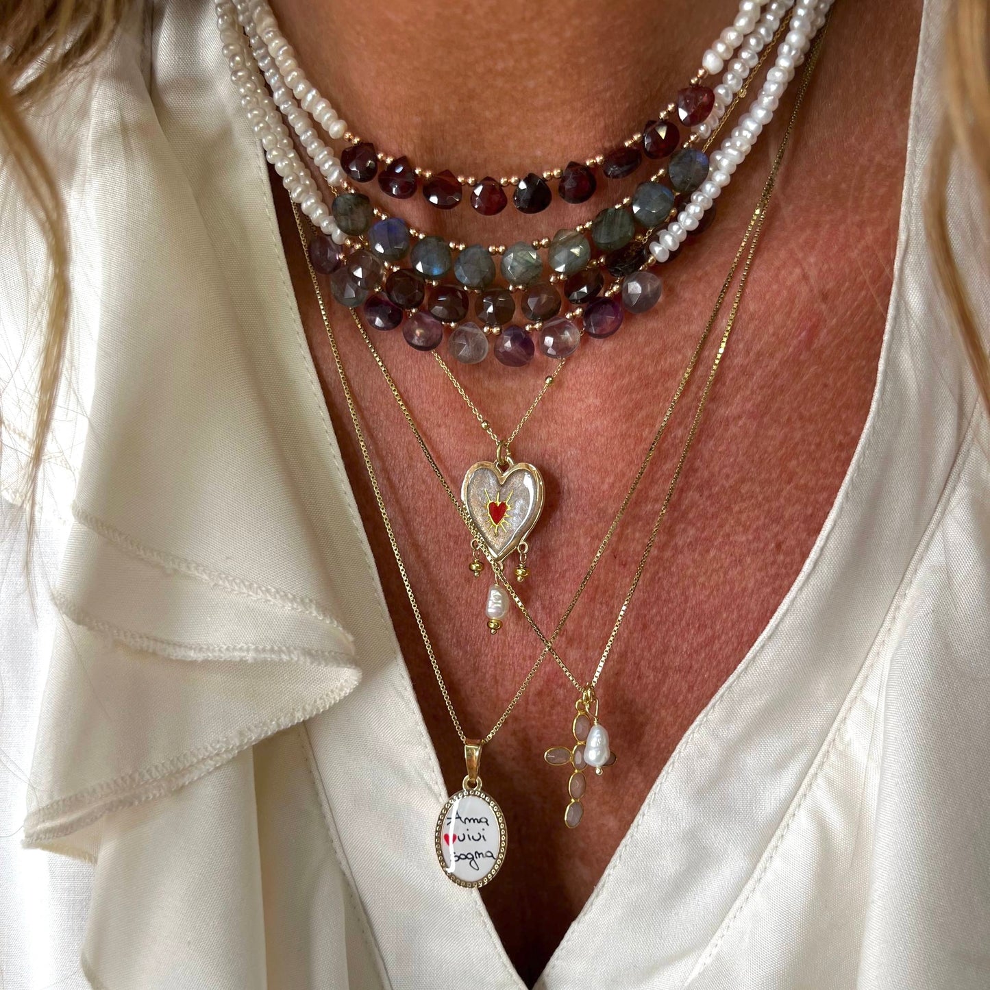 Collana catena veneziana cm 50 oro giallo croce con pietre pietra di luna e perla ovale irregolare bianca - Lumiere Bijoux