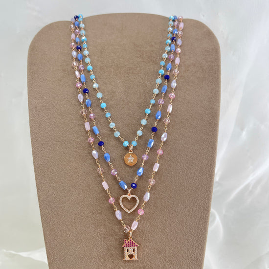 Collana cristalli multicolore con soggetto di zirconi casetta o cuore vuoto o cialdina con stella cm 40 - pezzi unici - Lumiere Bijoux