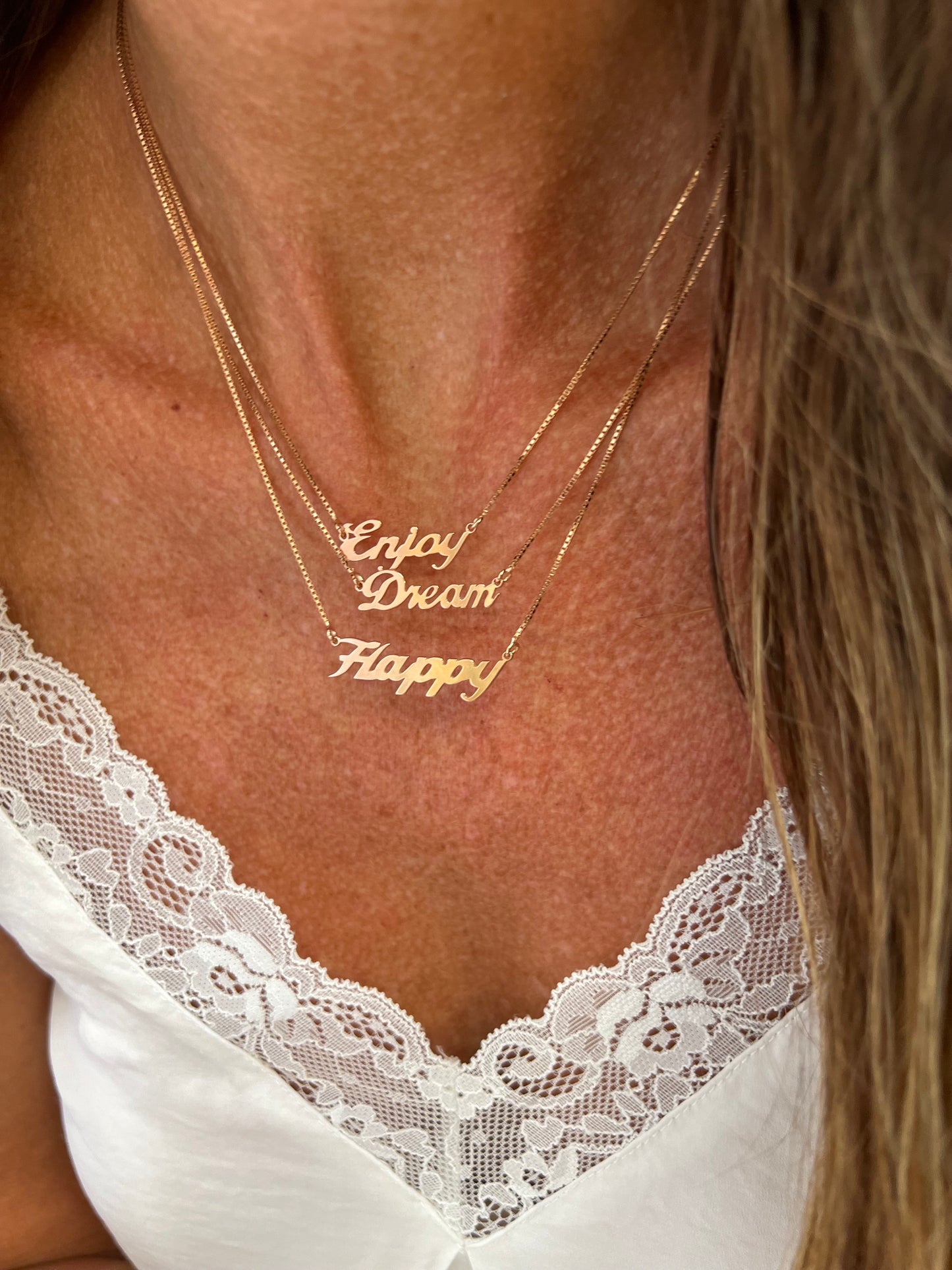 Collana catena veneziana cm 40 con scritta Dream o Enjoy o Happy in linea - Lumiere Bijoux