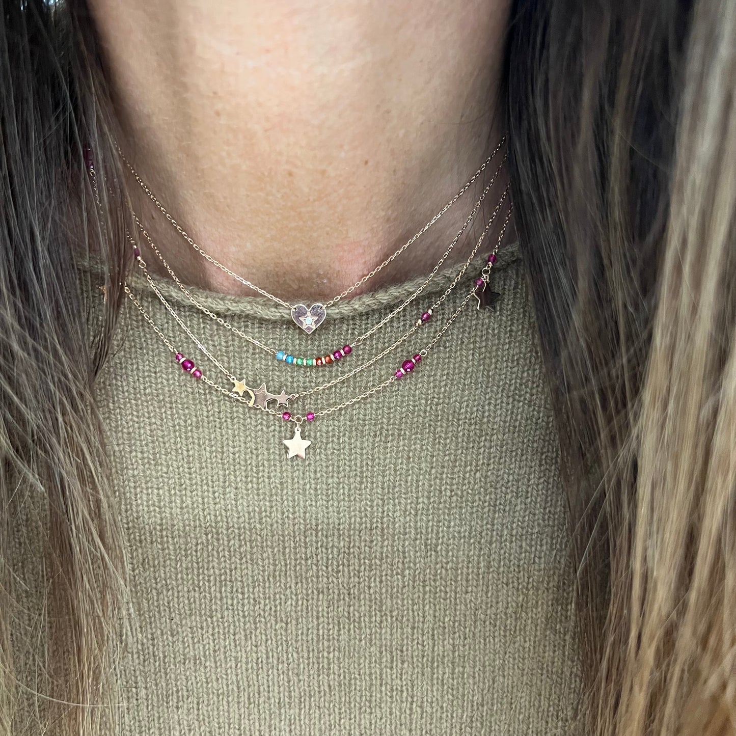 Collana fine catena forzatina con cuore o cerchio con centrale zircone bianco e stella incisa cm 35 - Lumiere Bijoux