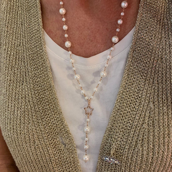 Collana Rosario di perle bianche con 60 rosè con stella vuota battuta