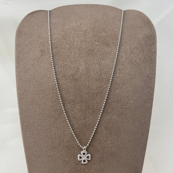 Collana catena militare cm 40 con quadrifoglio vuoto di zirconi bianchi in argento bianco - Lumiere Bijoux