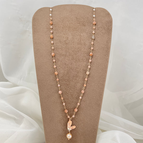 Collana cm 70 rado perle e pietre naturali granato o cubica pietra di luna con soggetto battuto - Lumiere Bijoux