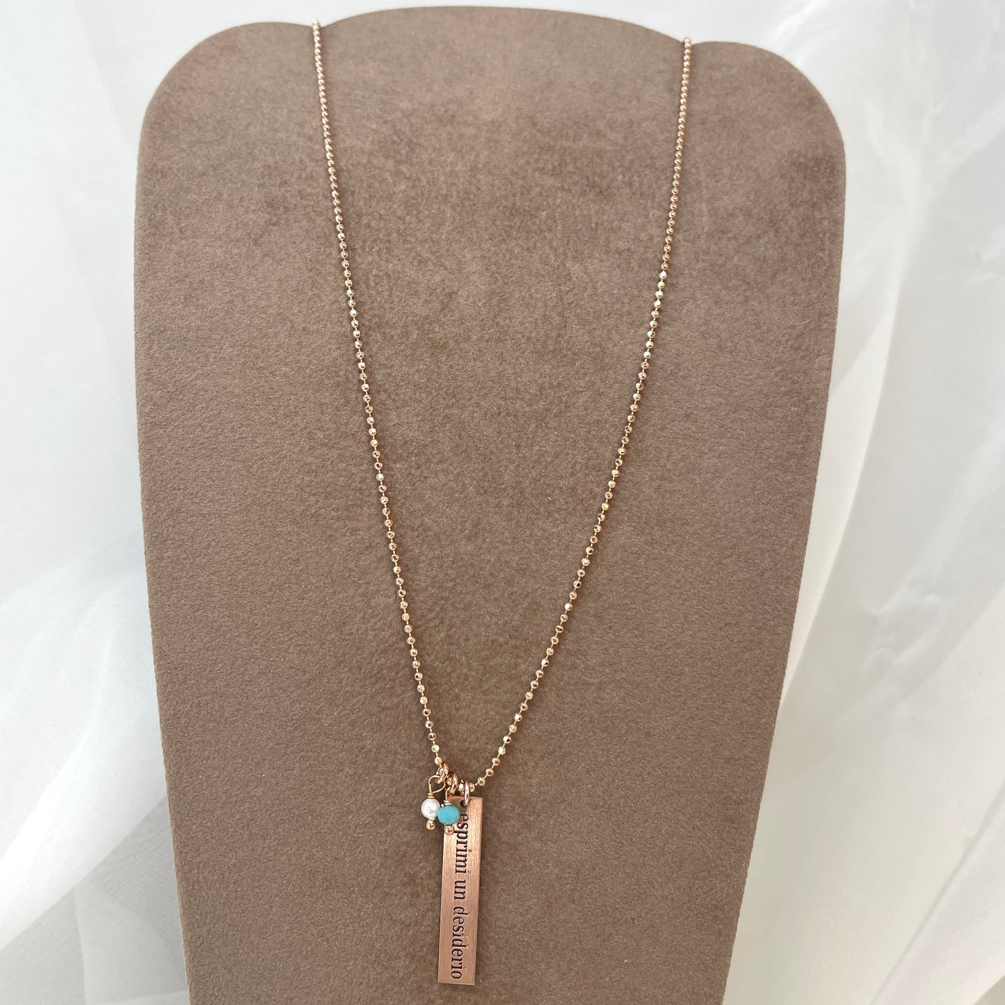 Collana militare con targhetta rettangolare Esprimi un desiderio perlina e cristallo turchese cm 50 - Lumiere Bijoux