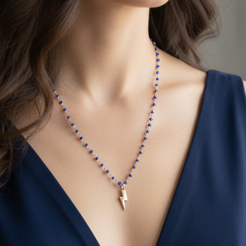 Collana micro cristalli blu cm 40 con fulmine rosè - pezzo unico - Lumiere Bijoux
