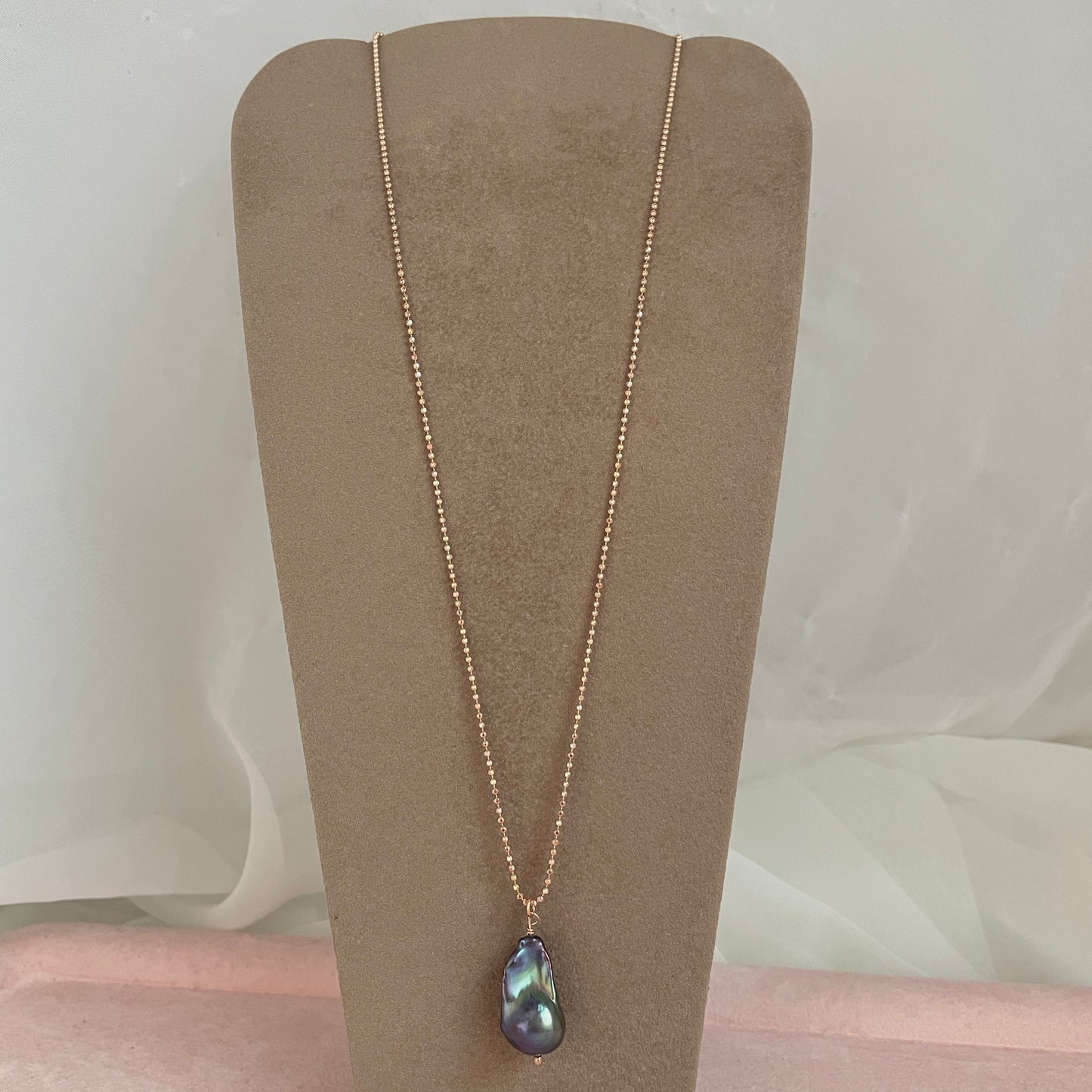 Collana catena militare diamantata cm 50 con perla barocca naturale rosa, bianca o nera