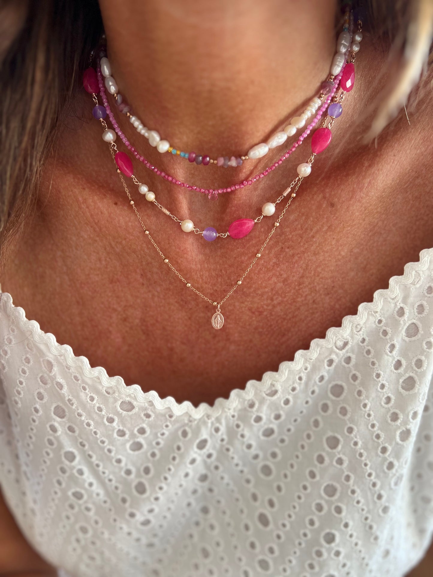 Collana rosè rosario con madonnina - cm 45 - Lumiere Bijoux
