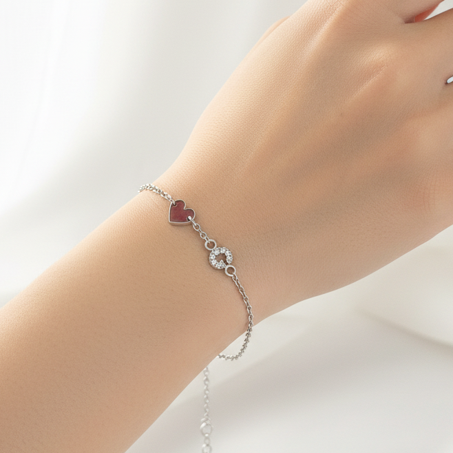 Bracciale catena rolló cuore e iniziale di zirconi G cm 17 in argento bianco - pezzo unico - Lumiere Bijoux