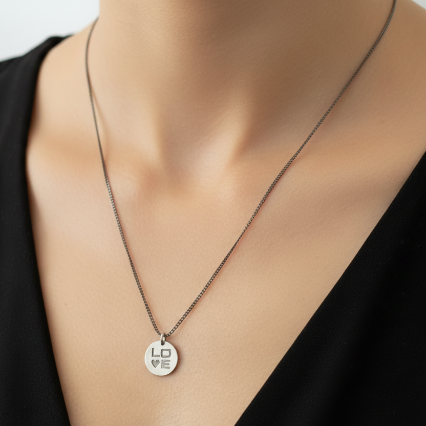 Collana catena grumette rutenio cm 54 con cialdina satinata incisione Love - pezzo unico - Lumiere Bijoux