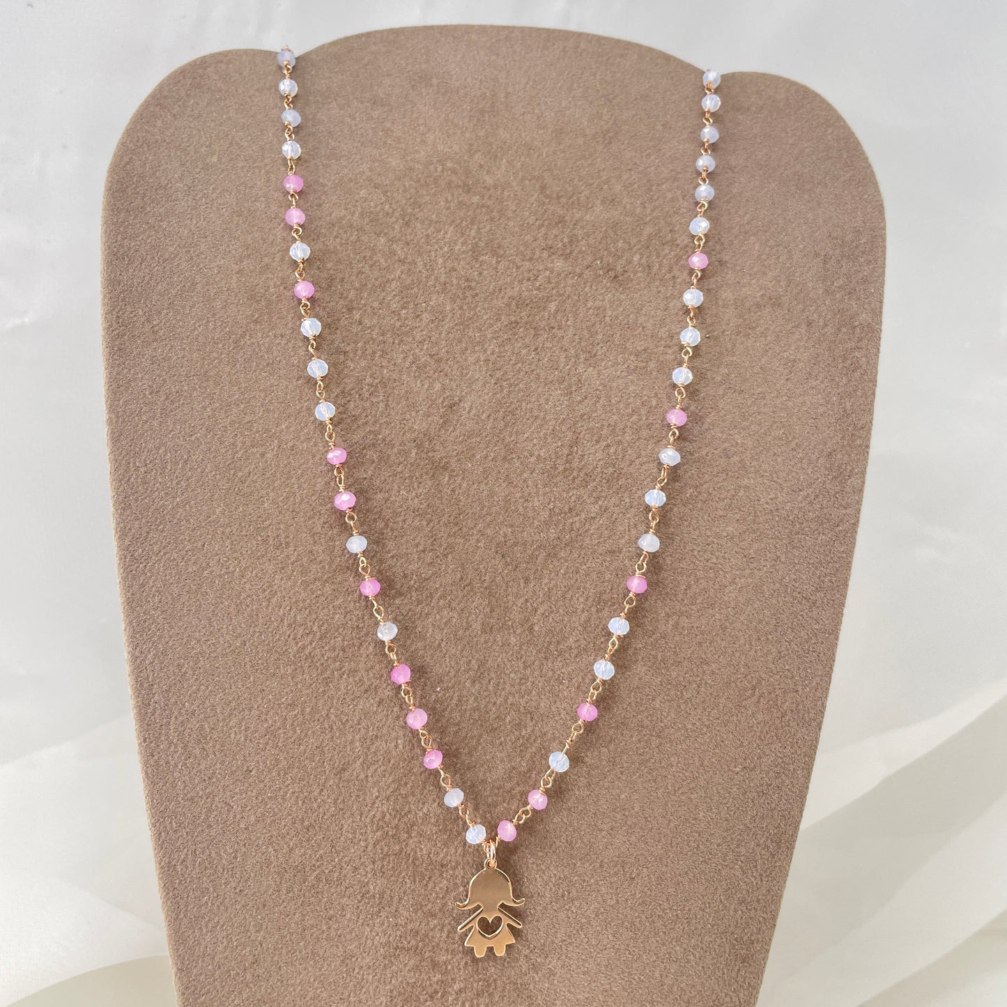 Collana cristalli rosa e bianchi sfumati cm 40 con bimba da 1.2 cm - pezzo unico - Lumiere Bijoux