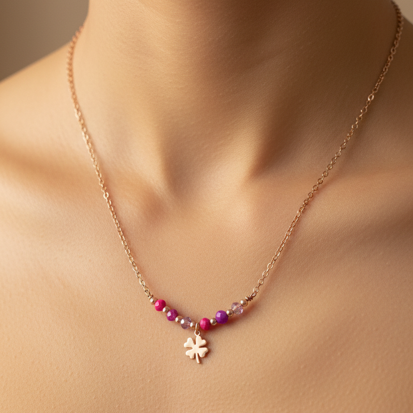 Collana catena rolló mezzaluna di cristallo magenta, rosa con quadrifoglio da 0,8 mm rosè cm 35 - pezzo unico