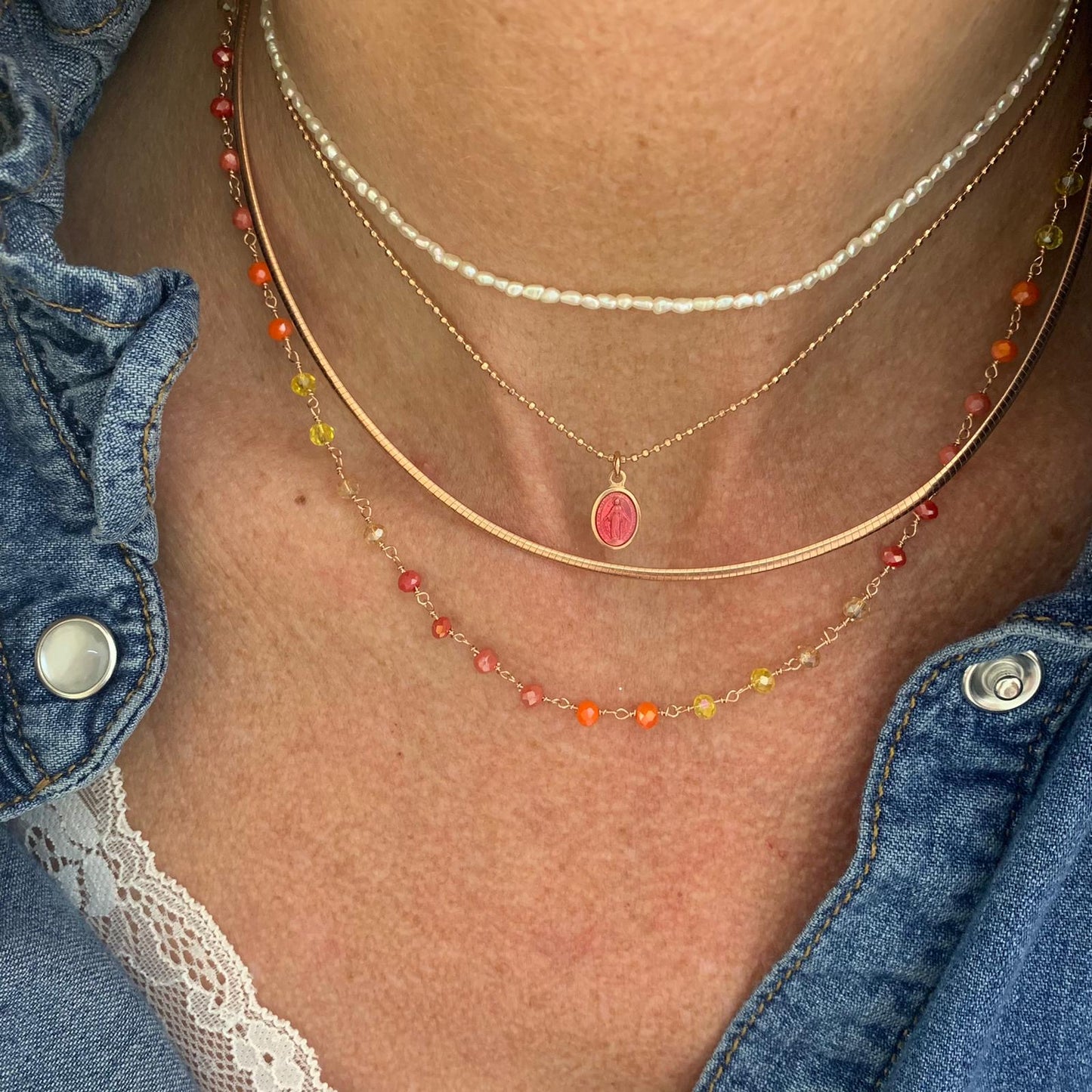 Collana cristalli Rossi, arancioni e gialli cm 40 più 2 di allungamento rosè - Lumiere Bijoux