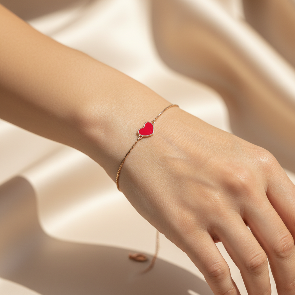 Bracciale catena veneziana cuore smaltato rosso in linea cm 17 - Lumiere Bijoux