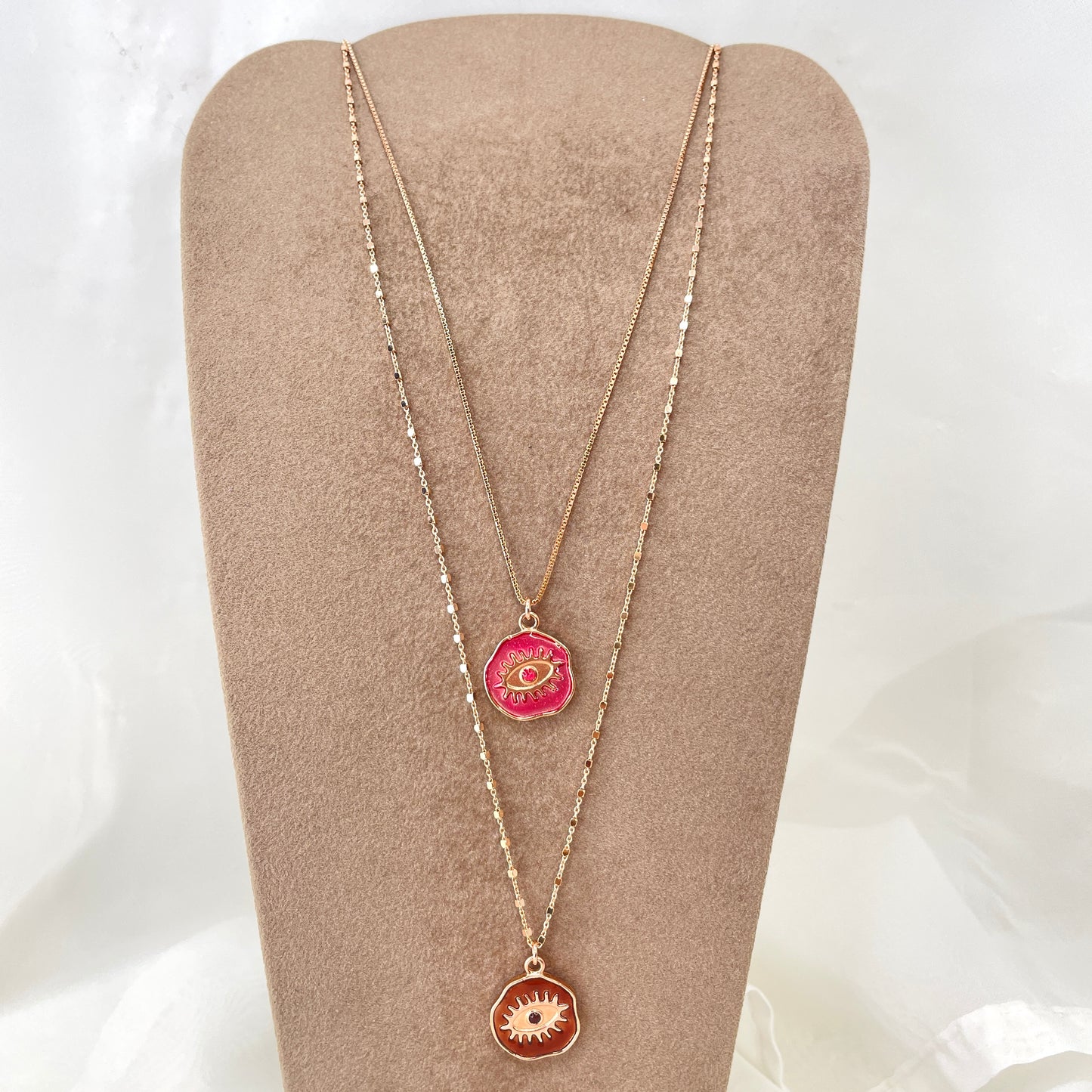 Collana catena rosè cm 50 con cialdina tonda con occhio smaltato - Lumiere Bijoux