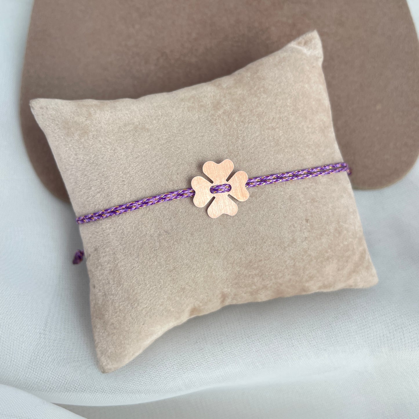 Bracciale cordino regolabile colorato con quadrifoglio satinato da 1.2 cm rosè o argento bianco - Lumiere Bijoux