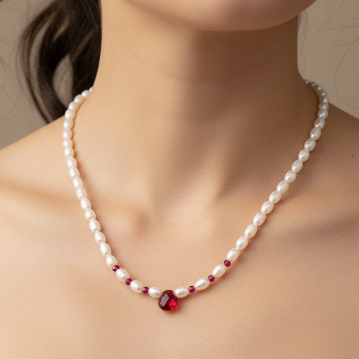 Collana principessa con risino o perle tonde cristalli rubino o azzurro ghiaccio cm 38 - Lumiere Bijoux