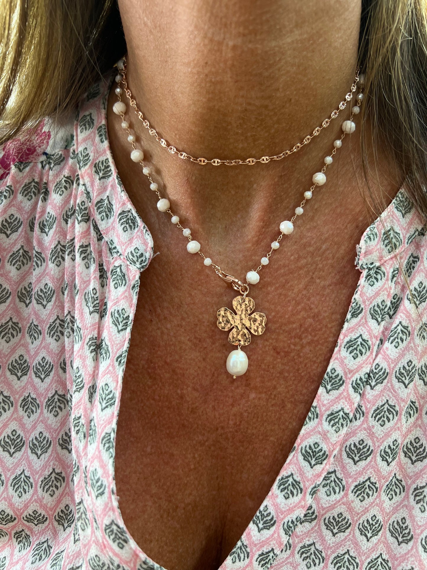 Collana lunga trasformabile cm 75 argento 925 rosè cristalli cipria e quadrifoglio- Pezzo unico - Lumiere Bijoux
