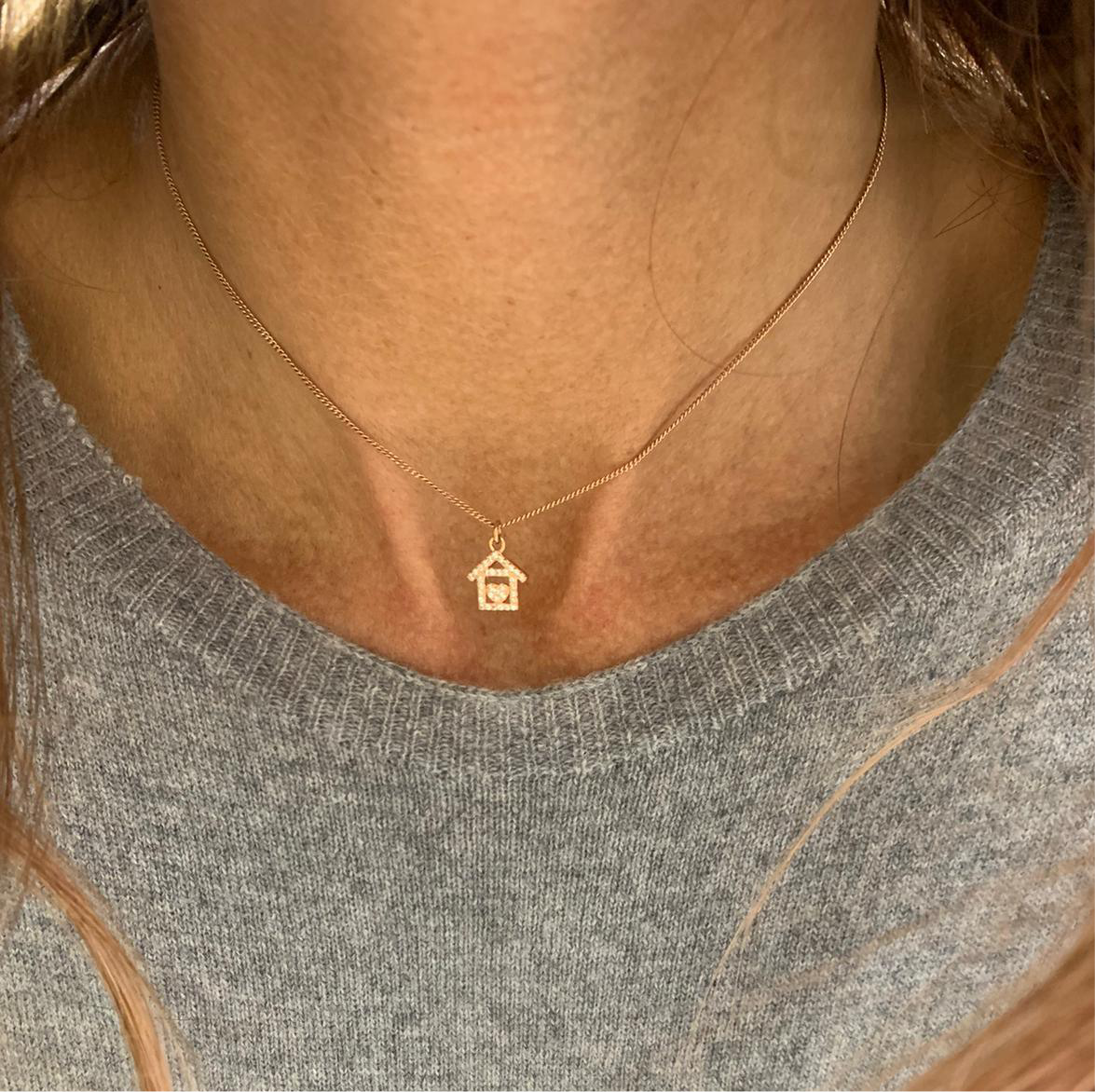 Collana catena grumette rosé cm35 con casetta con cuore di zirconi da 1 cm - Lumiere Bijoux