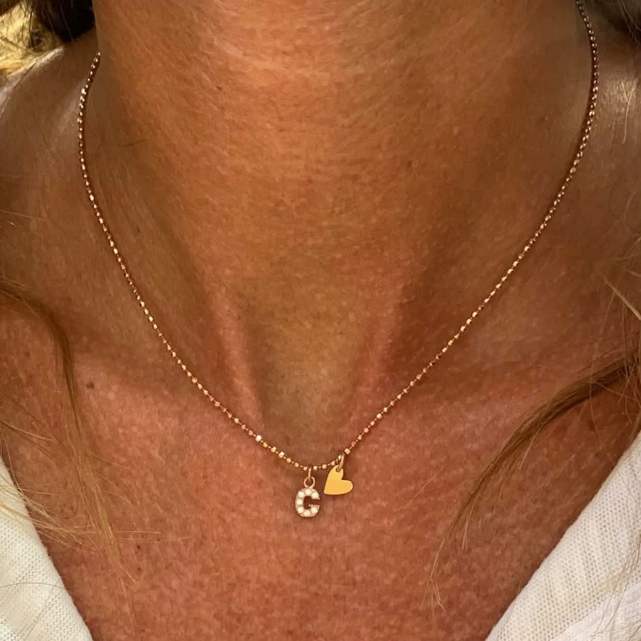 Collana catena militare diamantata cm 35 con iniziale zirconi bianchi da 0,8 mm e cuore sweet da 0,5 mm - Lumiere Bijoux