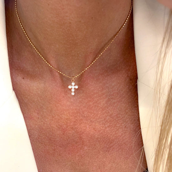 Collana Choker cm 35 catena militare diamantata con croce in micro perle - Lumiere Bijoux