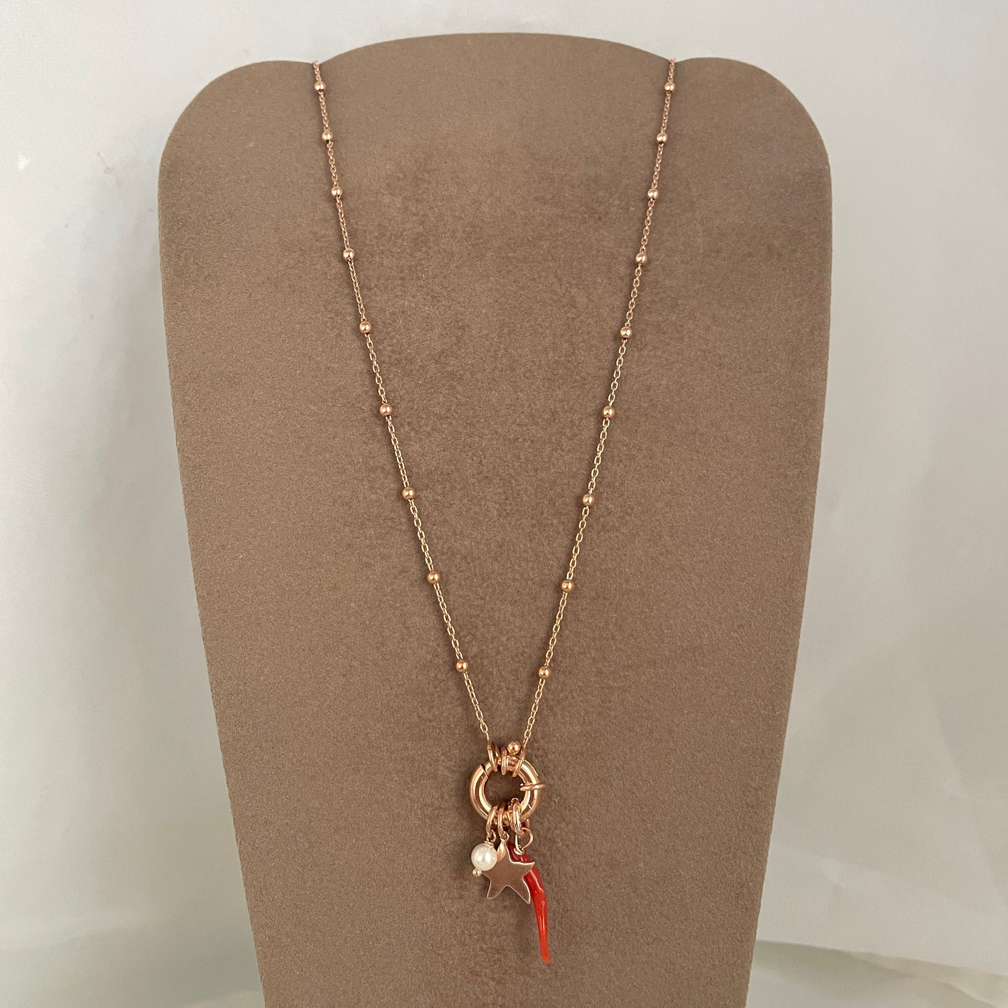 Collana catena rosario cm 50 con anello moschettone centrale perla, stella marina o corallo - pezzi unici - Lumiere Bijoux