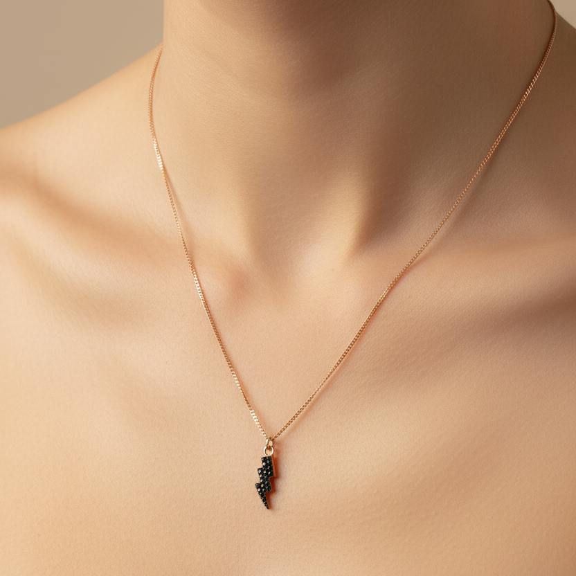 Collana catena grumette cm 40 con fulmine di zirconi neri da 1,5 cm - Lumiere Bijoux