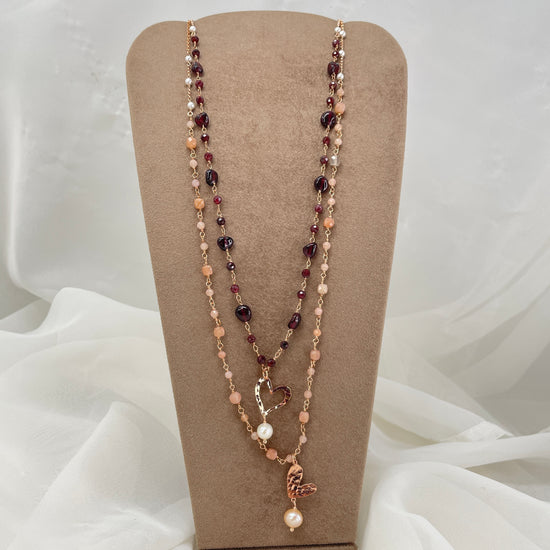 Collana cm 70 rado perle e pietre naturali granato o cubica pietra di luna con soggetto battuto - Lumiere Bijoux