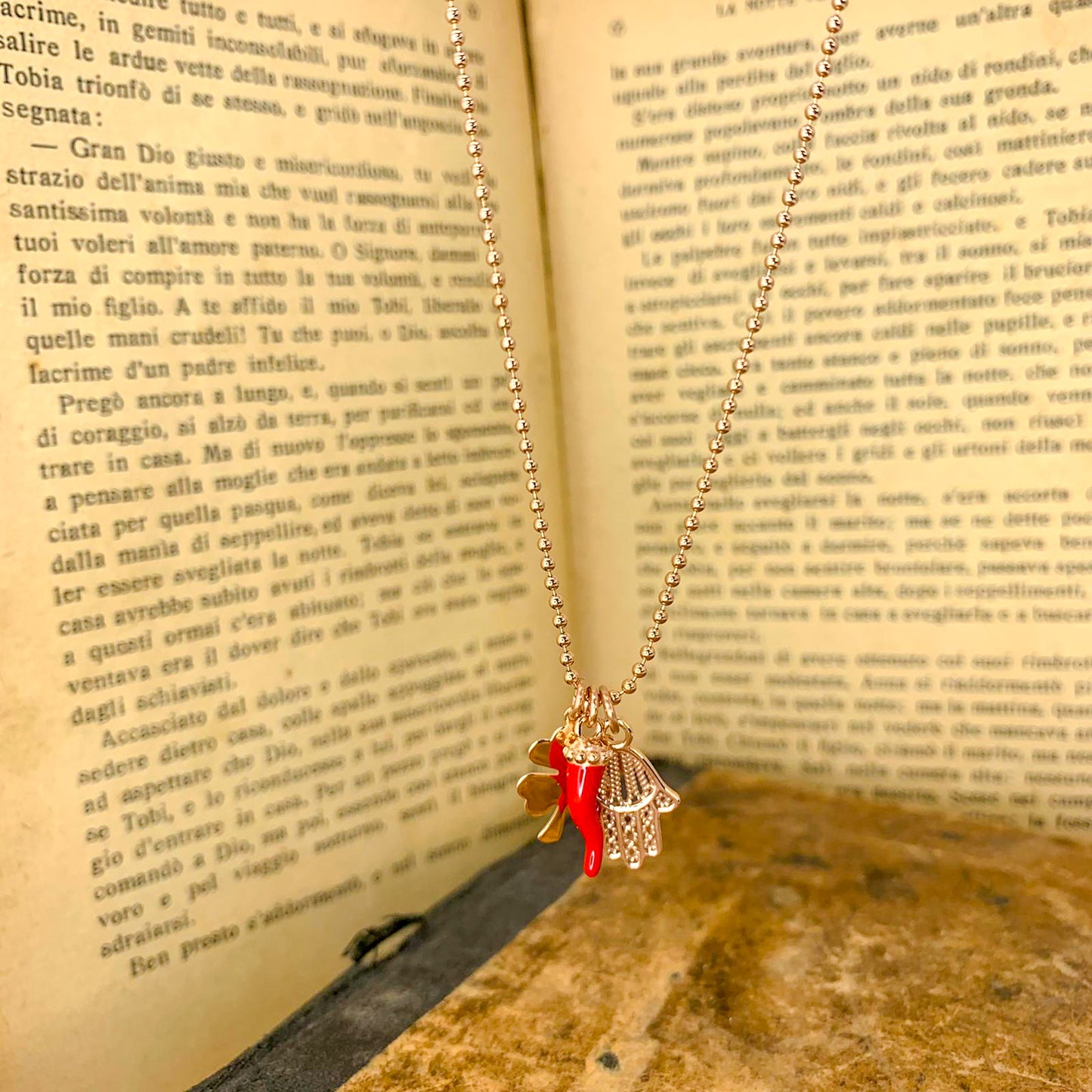 Collana Portafortuna cm 60 con catena militare diamantata e Quadrifoglio Cornetto Fatima - Lumiere Bijoux