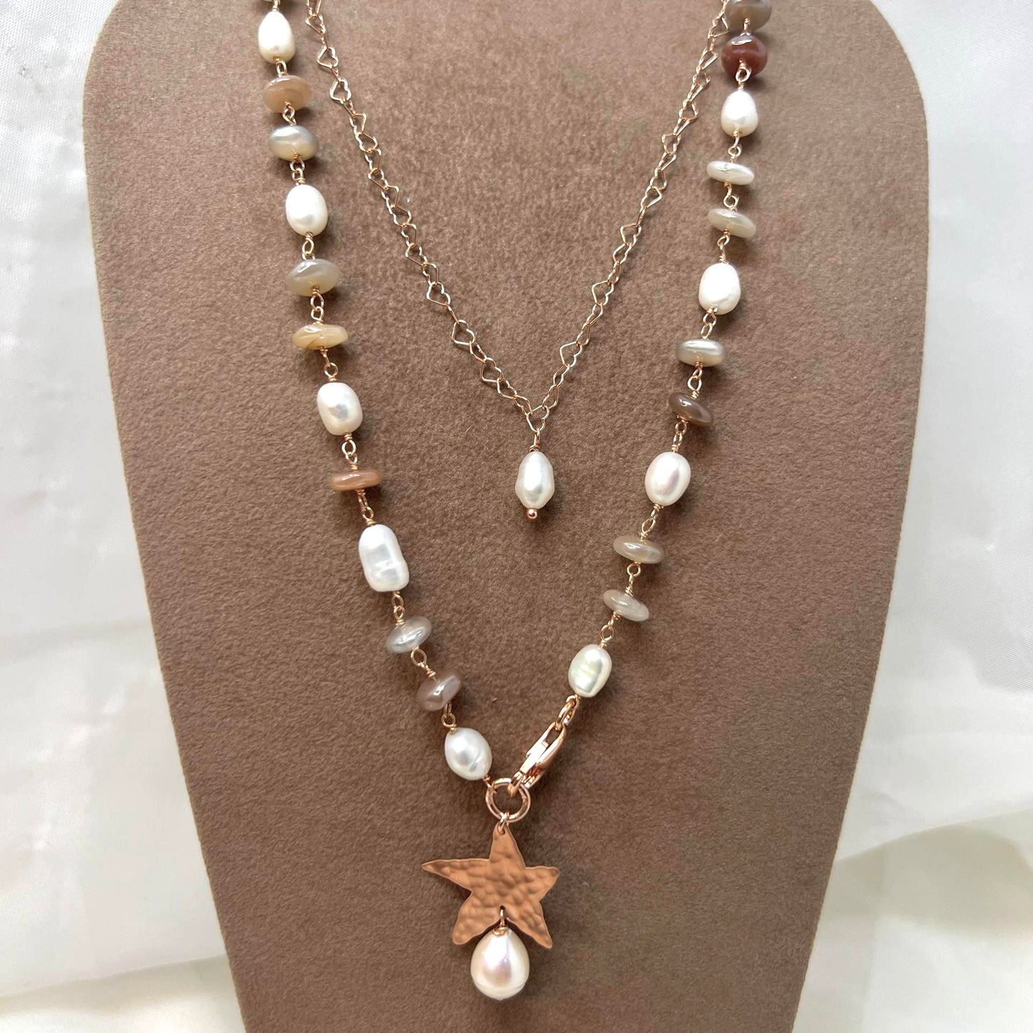 Collana lunga trasformabile 75 cm “Isla Bonita” con pietra di luna e perle in argento 925 rosé - Lumiere Bijoux