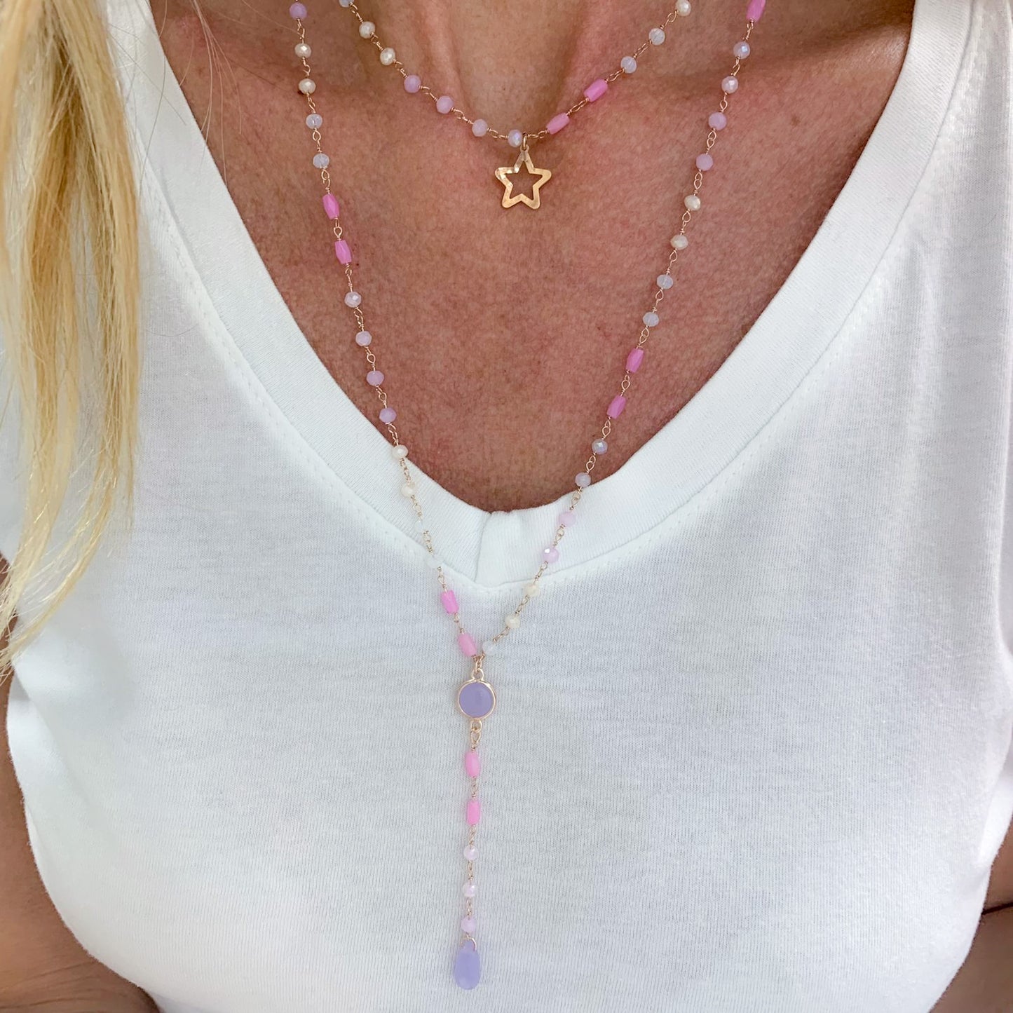 Collana rosario con cristalli rosa, azzurri e lilla Summer love