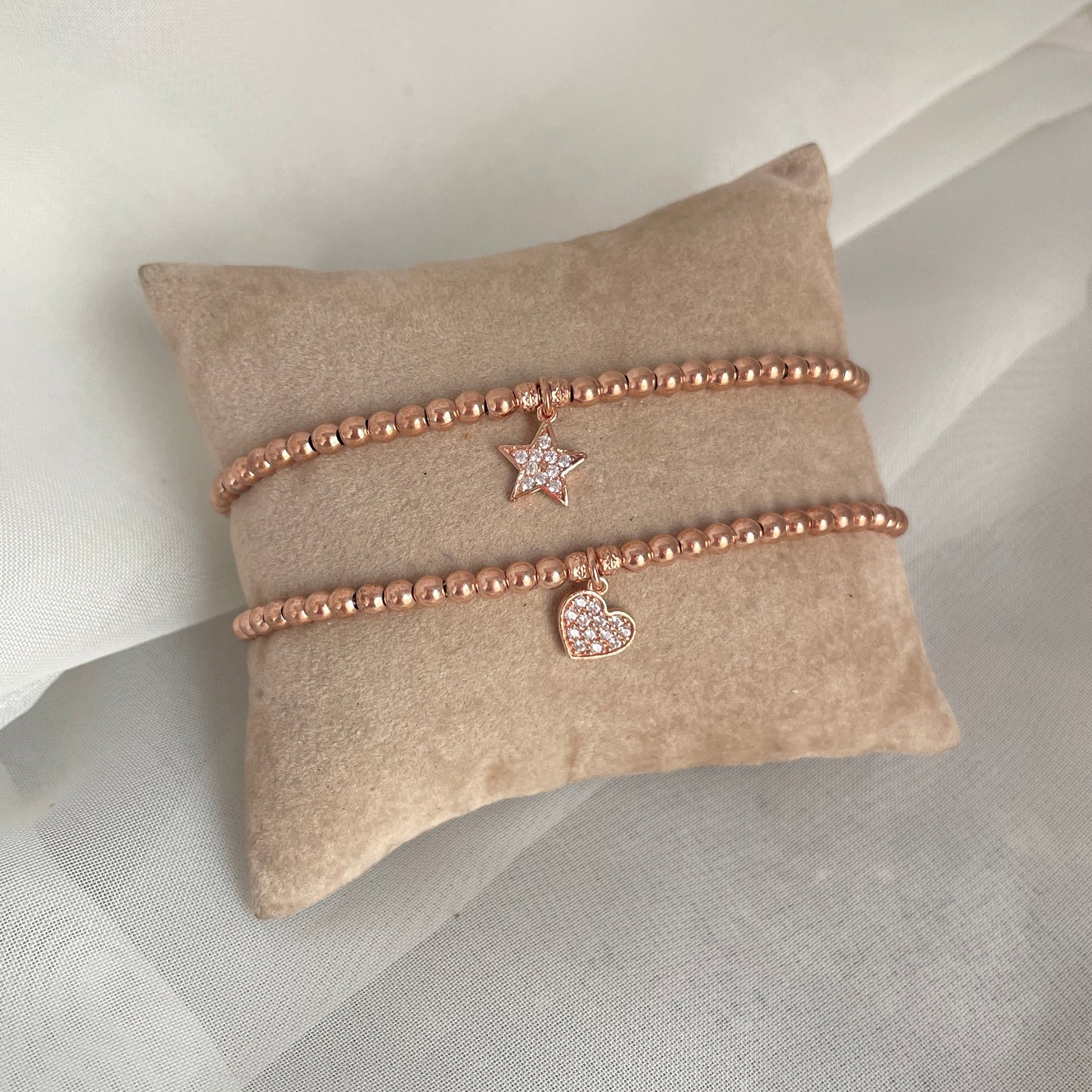 Bracciale sfere argento 925 con cuore - stella con zirconi pendente base rosé - pezzi unici - Lumiere Bijoux