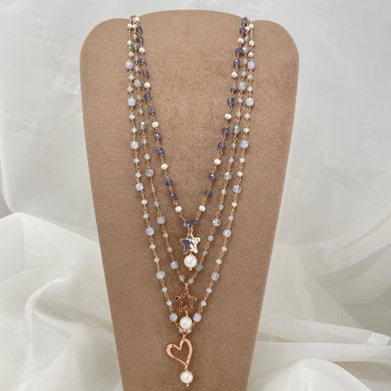 Collana cm 70 rado perle e pietre naturali cubiche acqua marina, tanzanite blu, labradorite con soggetto battuto - Lumiere Bijoux