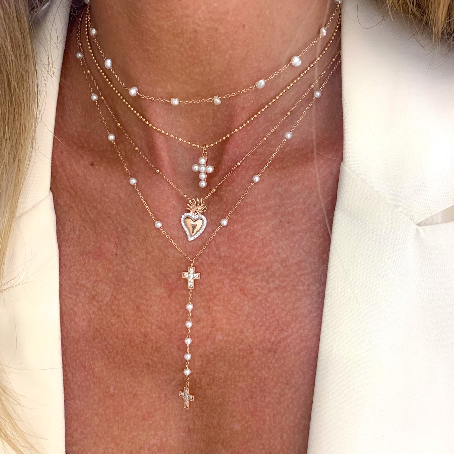 Collana rosario micro perle con croce di zirconi centrale e pendente finale - Lumiere Bijoux