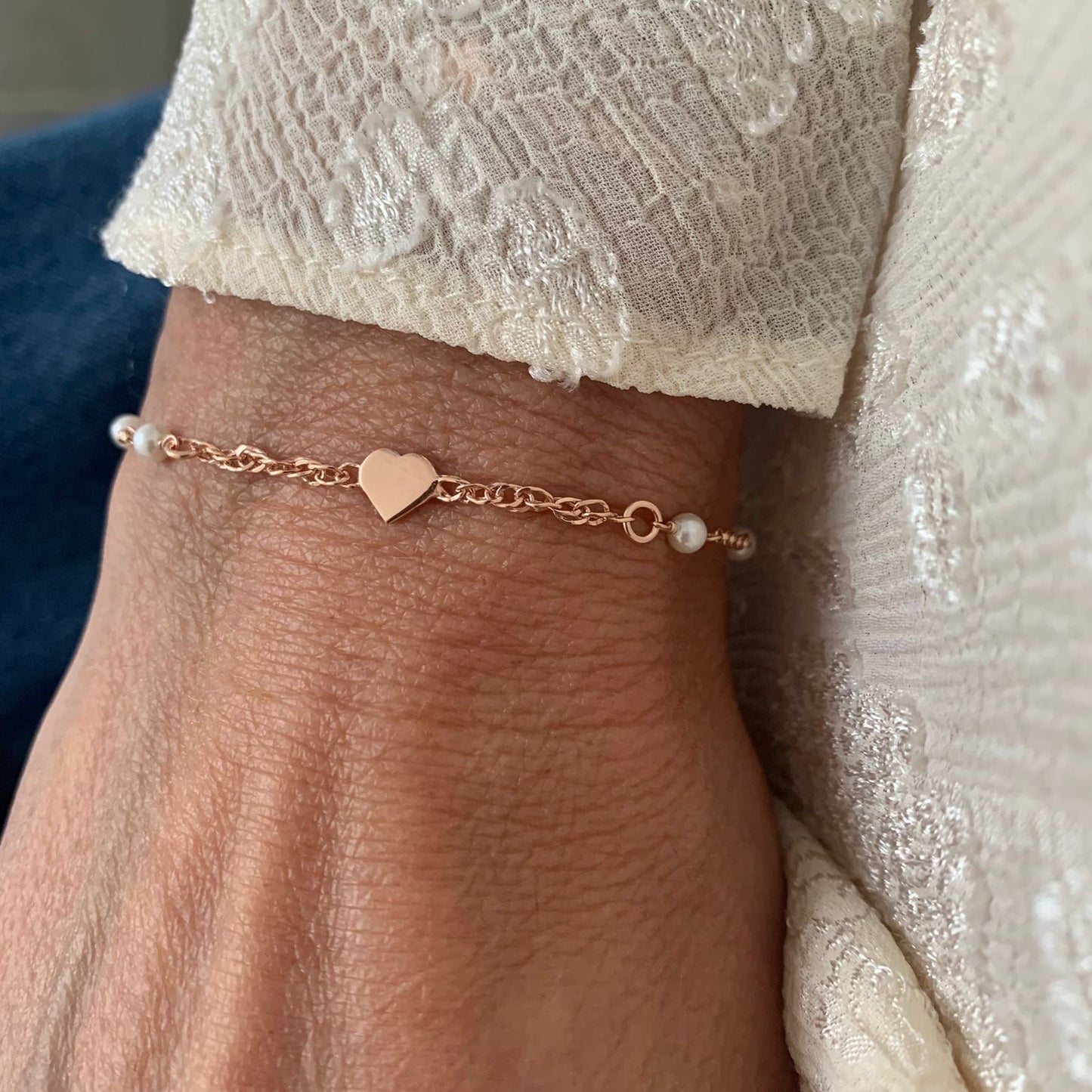 Bracciale catena rollò alternata da perle bianche con micro cuore o stella rosè 17 cm - Lumiere Bijoux