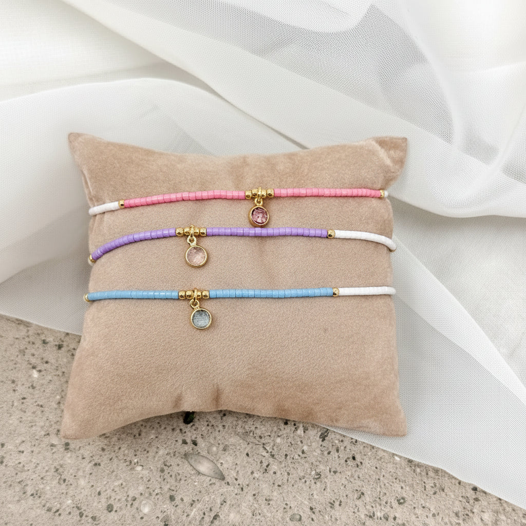Bracciale cordino regolabile colorato miyuki con micro rondelle micro sfere oro e pietra tonda pendente ottone - Lumiere Bijoux