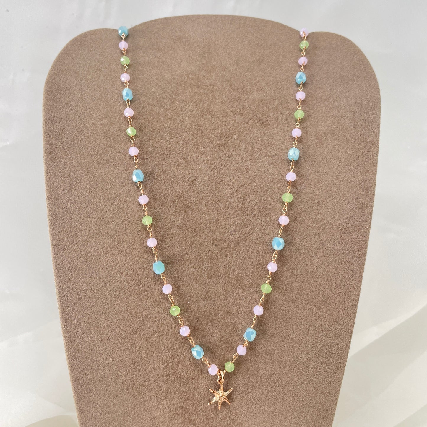 Collana cristalli pastello cm 40 con stella marina rosè - pezzo unico - Lumiere Bijoux