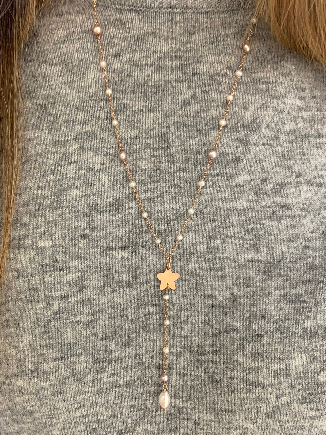 Collana a rosario lunga cm 60 rado perle bianche e rosa con cuore Corazon o stella o cuore Mikonos - Lumiere Bijoux