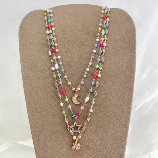 Collana cristalli multicolore con soggetto di zirconi quadrifoglio o stella vuota o luna cm 40 - pezzi unici - Lumiere Bijoux