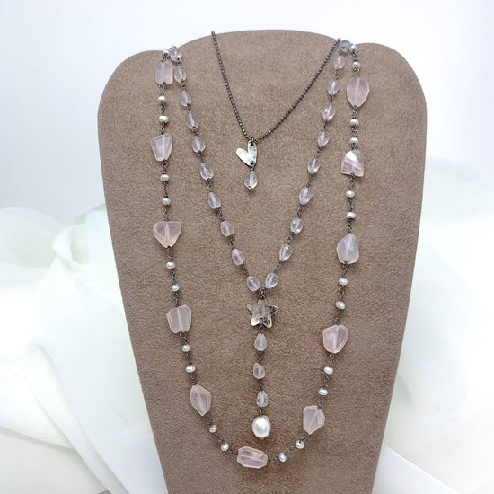 Collana catena rutenio con perle bianche e quarzo rosa NATIVO Dream Capsule