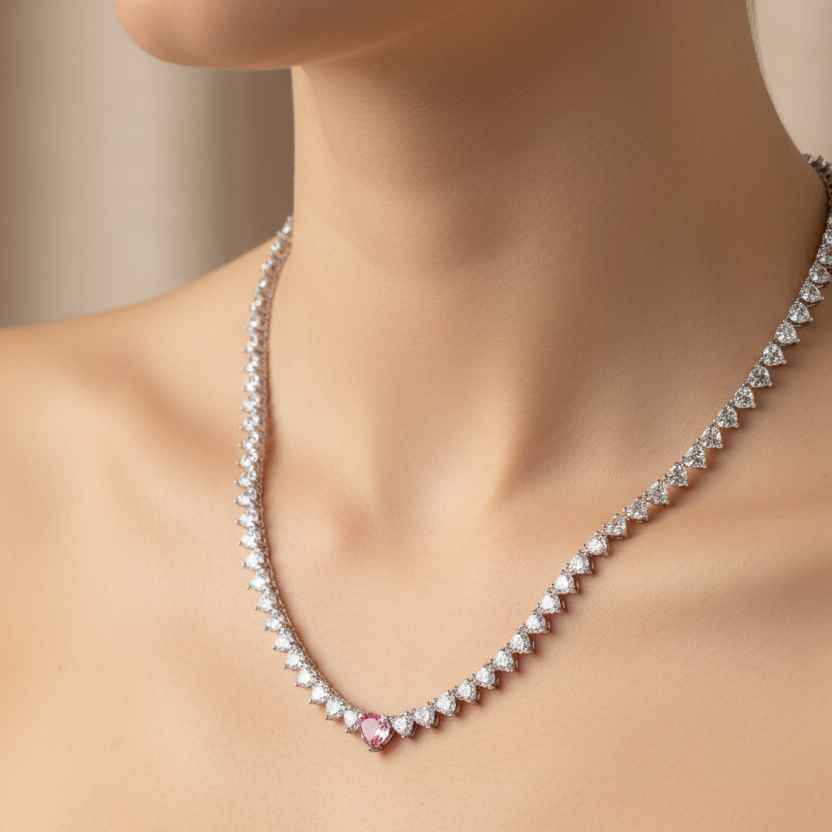Choker tennis zirconi bianchi multicuori con cuore centrale - cm 40 - pezzi unici - Lumiere Bijoux