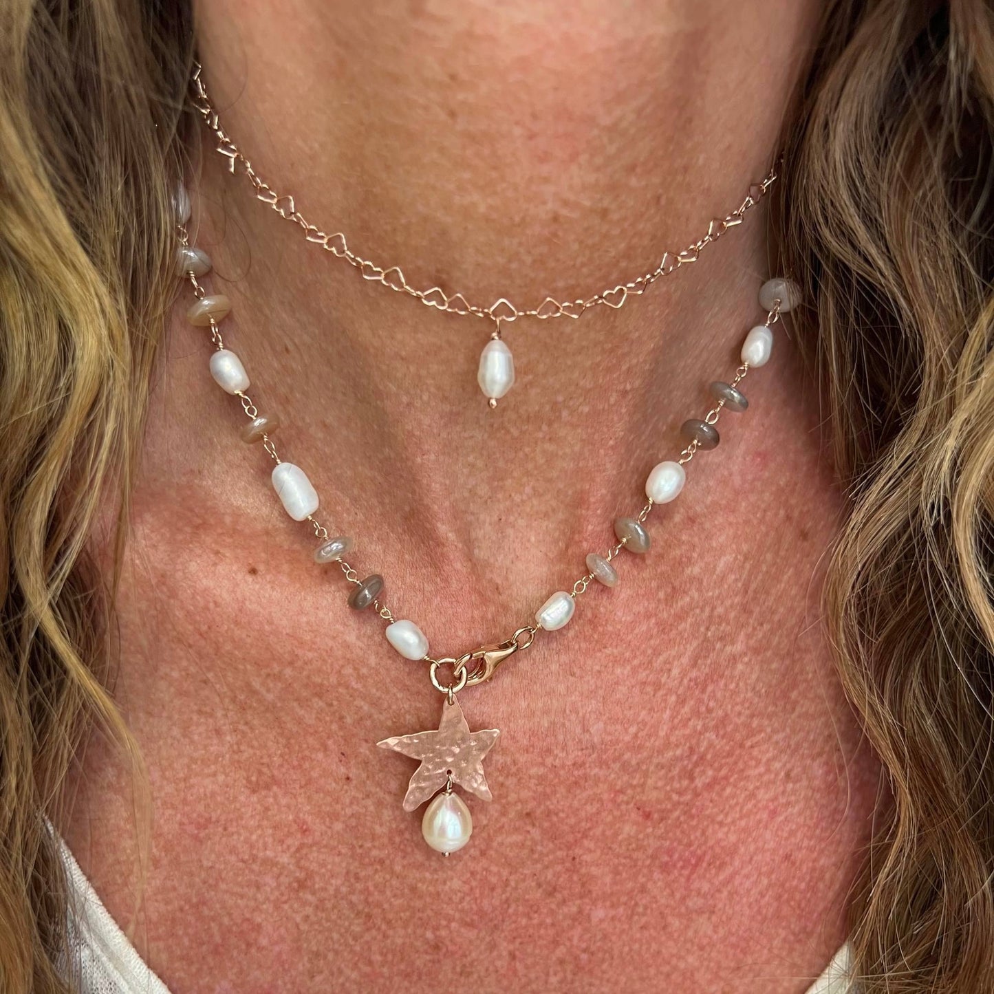 Collana lunga trasformabile 75 cm “Isla Bonita” con pietra di luna e perle in argento 925 rosé - Lumiere Bijoux