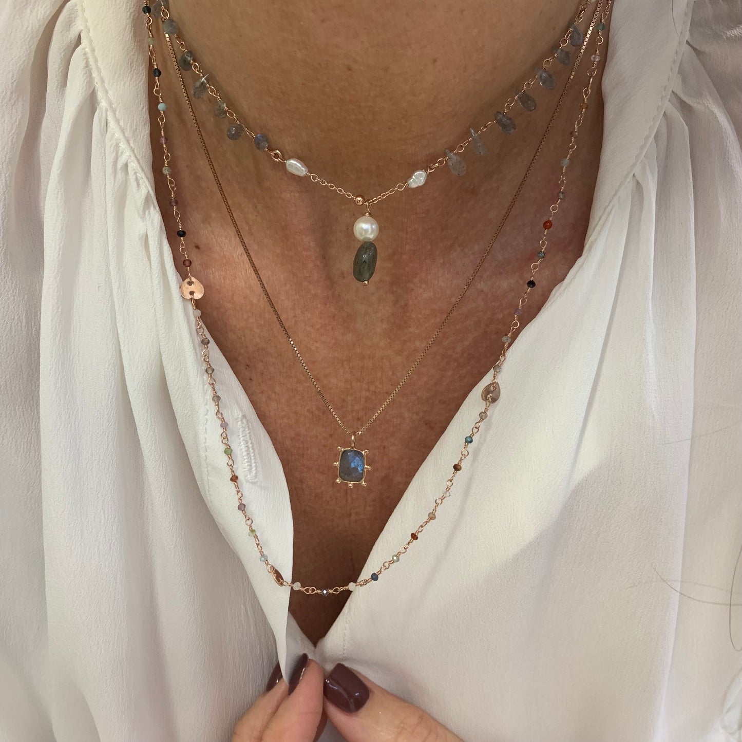 Collana micro cristalli multicolore cm 50 con cuori in linea da 0,6 mm - Lumiere Bijoux