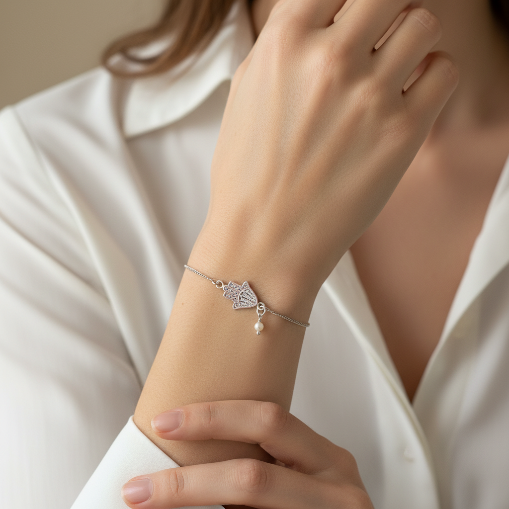 Bracciale catena grumette mano di fatima da 1,5 cm in linea e piccola perla cm 17 in argento bianco - pezzo unico - Lumiere Bijoux