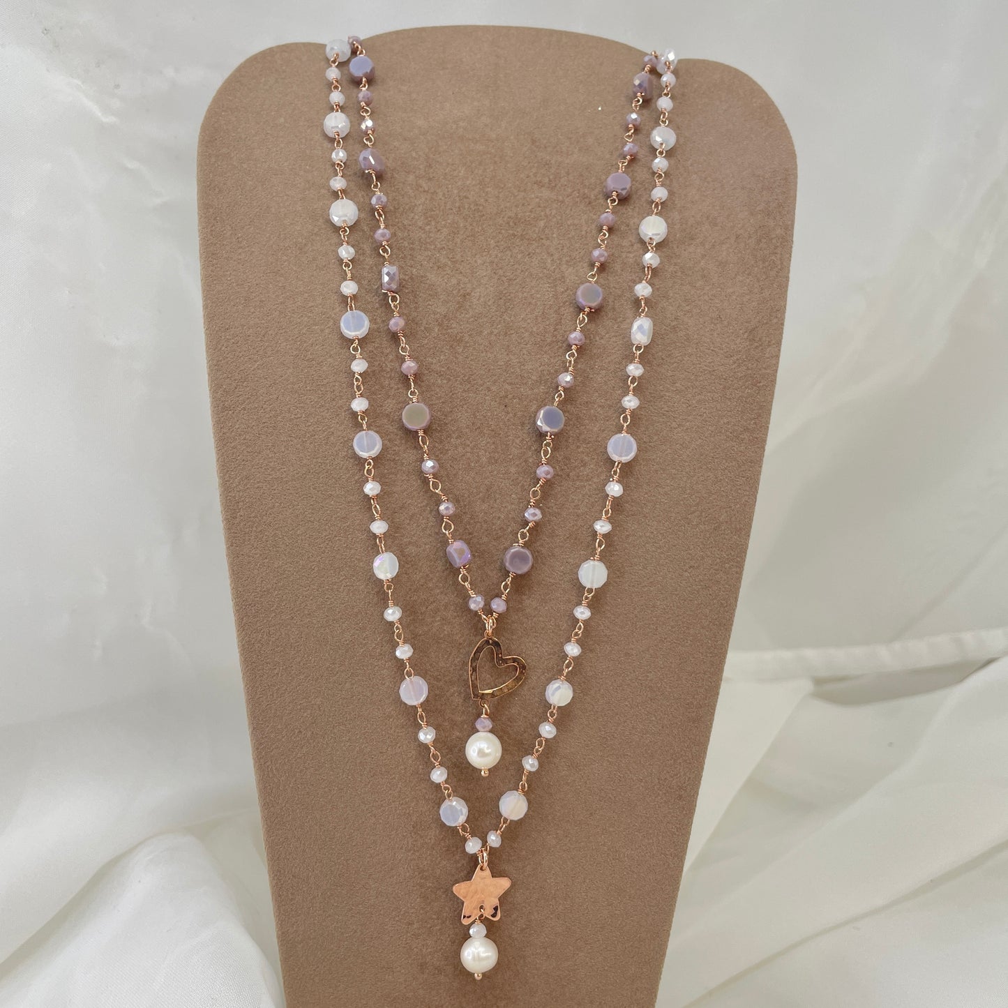 Collana lunga cristalli e cuore o stella battuta e perla pendente 70 - Lumiere Bijoux