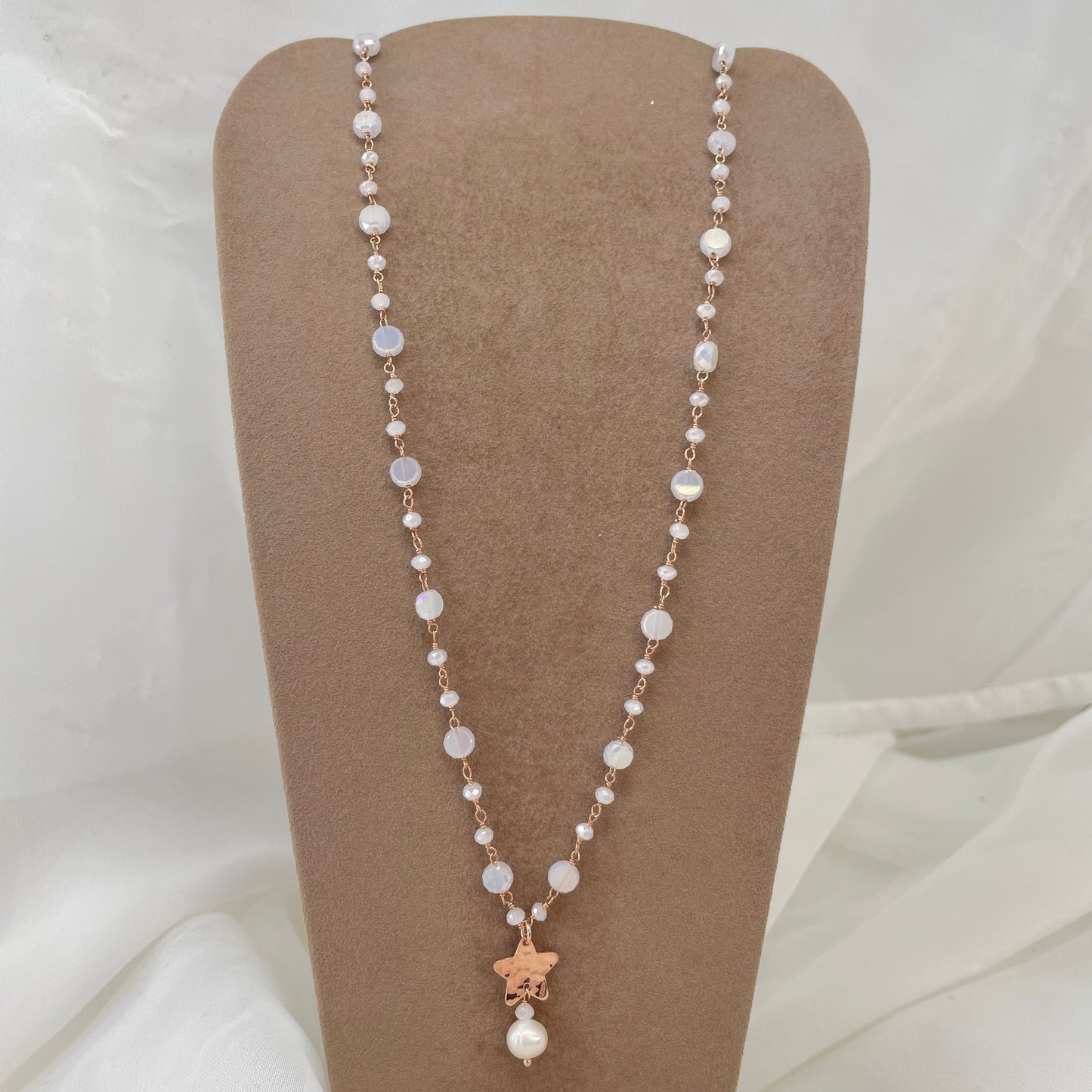 Collana lunga cristalli e cuore o stella battuta e perla pendente 70 - Lumiere Bijoux