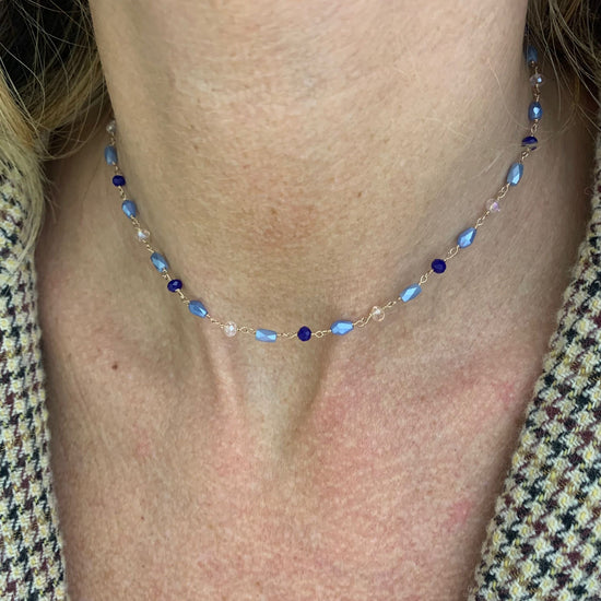 Collana cristalli blu, azzurro polvere, trasparente cm 35 - pezzo unico