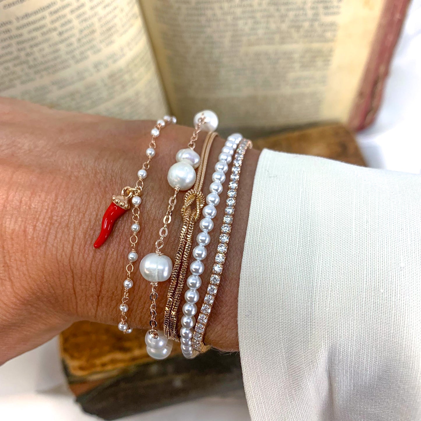 Bracciale doppio filo perle e tennis zirconi argento rosé - Lumiere Bijoux