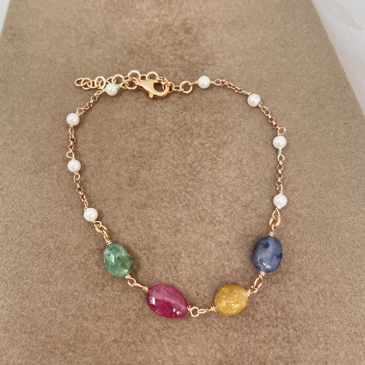 Bracciale pietre alternate a perle, zaffiri o gocce labradorite cm 17 - pezzi unici